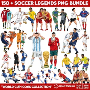 以下が含まれることがあります： 様々なポーズをとったサッカー界のレジェンドたちのデジタルコレクション。各国のユニフォームを着た選手、アクションシーン、FIFAワールドカップトロフィーが描かれています。上部には「150 + SOCCER LEGENDS PNG BUNDLE」、下部には「WORLD CUP ICONS COLLECTION」というテキストがあります。