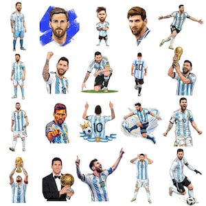 May include: A collection of twenty distinct illustrations featuring Lionel Messi in various poses, including wearing the light blue and white striped Argentina soccer jersey with the number 10, holding trophies, playing with a ball, and in a suit.