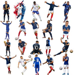 Può includere: Una collezione di illustrazioni digitali di un calciatore con la maglia numero 10 in varie pose, tra cui correre, calciare un pallone, festeggiare e tenere un trofeo, realizzate nei colori blu, bianco e rosso della squadra.