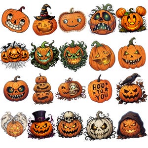 May include: A collection of twenty distinct Halloween pumpkin stickers featuring various carved jack-o'-lantern expressions, including spooky, smiling, and skull-themed designs, with one orange pumpkin clearly displaying the text BOO TO YOU.