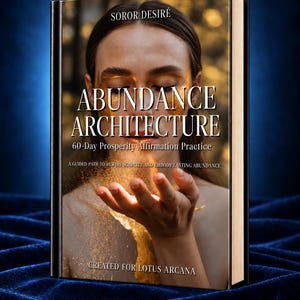Op de afbeelding: Een hardcover boek getiteld Abundance Architecture: 60-Day Prosperity Affirmation Practice door Soror Desiré, gemaakt voor Lotus Arcana. De kaft toont een persoon met gouden accenten op het gezicht en de handen, die gloeiend goudstof vasthoudt.