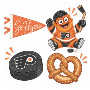Può includere: Una collezione di illustrazioni raffigurante una mascotte arancione pelosa che indossa una maglia e un casco dei Philadelphia Flyers, un gagliardetto triangolare con il testo Go Flyers, un disco da hockey nero e un pretzel salato.