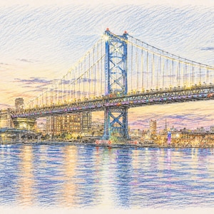 Arte digital da Ponte Benjamin Franklin | Arte para imprimir da Ponte da Filadélfia | Arte de parede da Filadélfia | Download digital do horizonte da Filadélfia