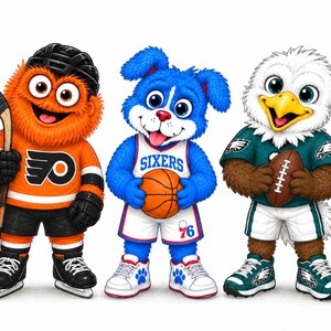 Op de afbeelding: Vijf sportmascottes staan op een rij. Van links naar rechts: een groen wezen met een rode pet houdt een honkbal vast, een oranje wezen met een zwarte ijshockeyhelm houdt een stick vast, een blauwe hond houdt een basketbal vast, een adelaar houdt een American football vast en een blauwe hagedis met een gele hanenkam houdt een voetbal vast.