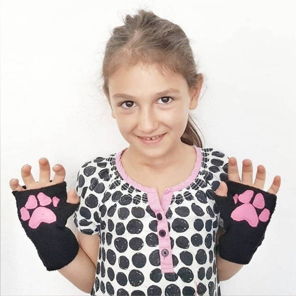 Kids Paw Print Fingerless Gloves