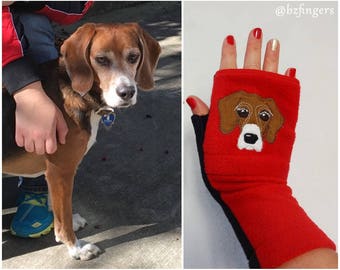 Dog Portrait Custom Fingerless Gloves with Pockets. Dog Walking / Dog Training