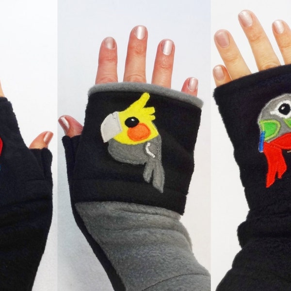 Parrot Gloves. Custom Fingerless Gloves with Pockets for Parrot Lovers