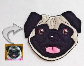 Parche personalizado con retrato de perro. Arte textil. Pug.
