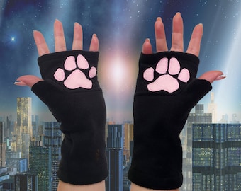 Cat Paw Print Black Fingerless Gloves. Cosplay Anime Gloves