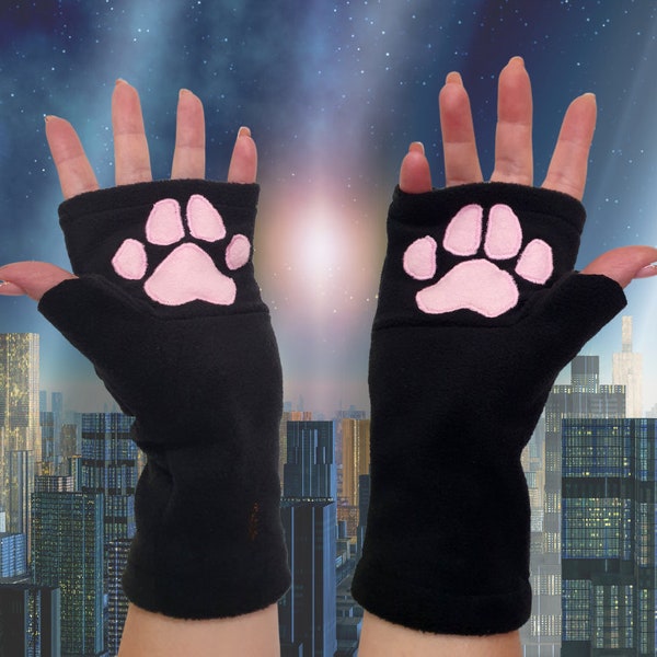 Cat Paw Print Black Fingerless Gloves. Cosplay Anime Gloves