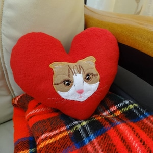 May include: Red heart-shaped cushion with an embroidered cat face in white and brown.