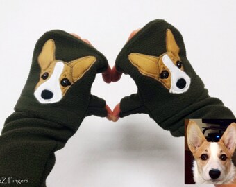 Dog Portrait Custom Fingerless Gloves with Pockets. Dog Walking / Dog Training