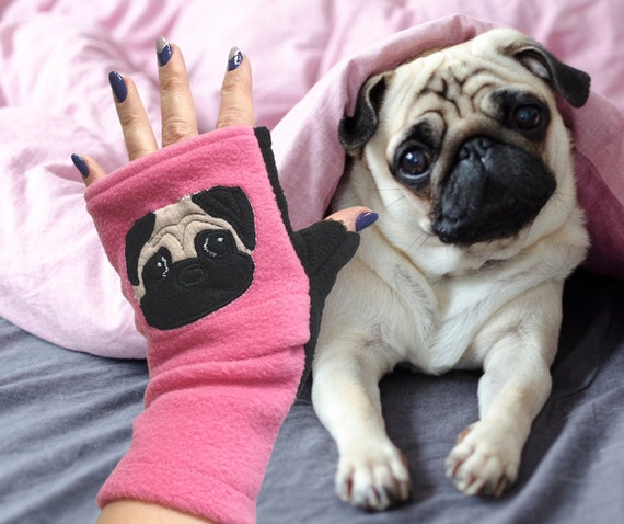 Pug Dog Walking Fingerless Gloves With Pockets. Dog Lover Gift. 