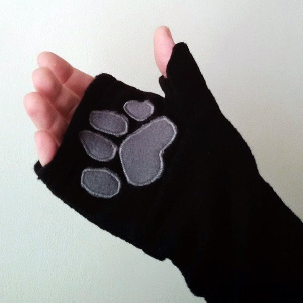 Paw Print Black Fingerless Gloves with Pockets