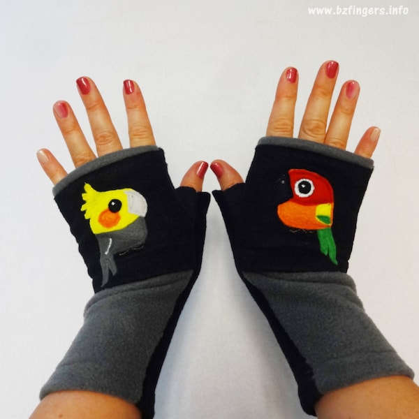 Two Parrots Gloves. Custom Fingerless Gloves with Pockets for Parrot Lovers