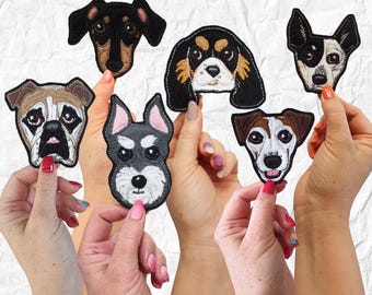 Parche con retrato de perro. Regalo personalizado para perro. Arte textil. Bulldog.