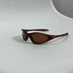 May include: Brown sunglasses featuring a matte brown frame and matching brown tinted lenses. The temples display a small silver-toned oval logo emblem near the hinges. The design is characterized by a wraparound, aerodynamic shape with curved arms.