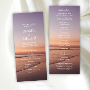 Coastal Wedding Program Template, Editable Canva Beach Wedding Ceremony Program, Ocean Sunset, Printable Double Sided 4x9
