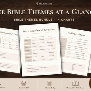 May include: A bundle of 14 printable Bible study charts featuring organized tables with text such as See Bible Themes at a Glance, Seven Churches of Revelation, and Ten Plagues of Egypt. The documents are presented in a clean, neutral color palette.