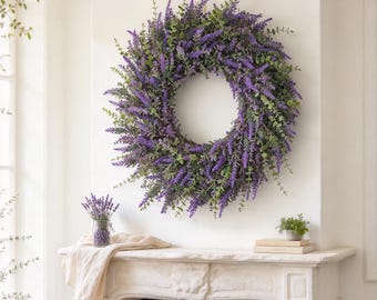 Corona de lavanda y eucalipto, guirnalda floral rústica, decoración de pared estilo cottagecore, detalle para bodas, regalo para el hogar.