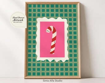 Cute Christmas Candy Cane Print, Girly Holiday Wall Art, Fun Xmas Wall Decor, Digital Art Download, Trendy Pink Christmas Printable