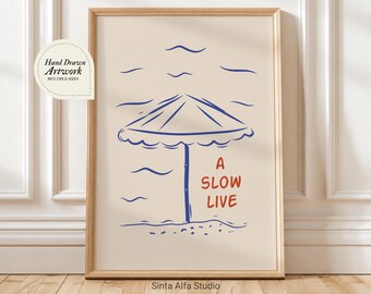 A Slow Live Beach Print, Coastal Wall Art Digital Download, Minimalist Summer Umbrella Poster, Retro Ocean Line Art, Cute Bedroom Decor