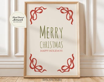 Merry Christmas Printable Wall Art, Minimalist Red Bow Christmas Greeting Card PNG, Hand Drawn Holiday Poster, Coquette Festive Room Decor