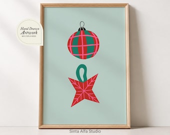 Christmas Ornament Print | Cute Holiday Printable | Hand Drawn Red and Green Baubles Home Decor| Boho Christmas Wall Art | Digital Download