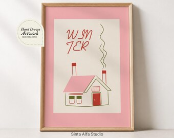 Pink Christmas Village Printable Poster, Cute Pastel Winter Home Decor Idea, Winter Wonderland Wall Art, Holiday Digital Download