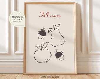 Fall Season Digital Print, Hand Drawn Autumn Wall Art, Printable Card JPG, Minimalist Acorn Poster, Clean Cozy Decor, Simple Fruit Line Art