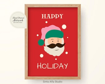 Santa Claus Print, Retro Christmas Wall Art, Happy Holiday, Festive Greeting Card Graphic, Hand Drawn Winter Decor, Digital Download PNG