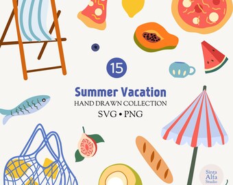 Mediterranean Coastal Clipart, Italian Summer Vacation PNG, Dolce Vita Elements SVG, Food Illustration Bundle, Digital Download