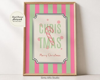 Pink Christmas Wall Art, Candy Cane Print, Retro Holiday Printable, Merry Christmas Greeting Card Digital PNG, Cute Festive Decor Poster