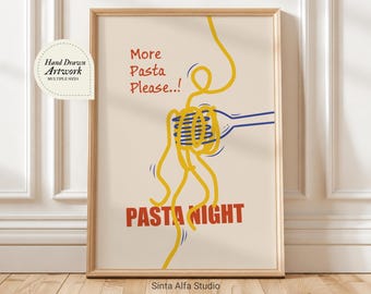 More Pasta Please Print, Modern Kitchen Wall Art Digital Download, Retro Italian Food Poster, Dining Room Decor, Fun Spaghetti Illustration