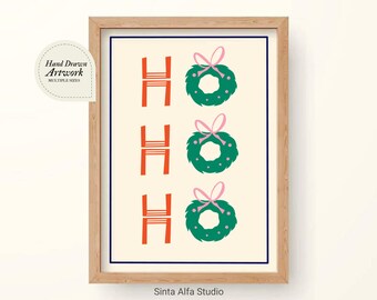 Retro Christmas Print PNG, Christmas Decor, Ho Ho Ho Sign, Holiday Wreath Wall Art, Xmas Greeting Card, Pink Ribbon Xmas Typography Design