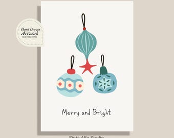 Hand Drawn Christmas Wall Art Print, Vintage Christmas Ornaments Greeting Card Digital Download, Retro Festive Xmas Decor, Merry and Bright