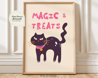 Magic and Treats Black Cat Wall Art, Cute Halloween Digital Print for Cat Lover, Retro Pastel Nursery Decor, Quirky Pet Poster Printable
