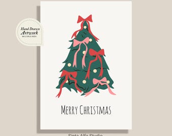 Hand Drawn Christmas Tree Wall Art, Coquette Christmas Card Printable, Minimalist Holiday Poster, Aesthetic Bow Xmas Print Digital
