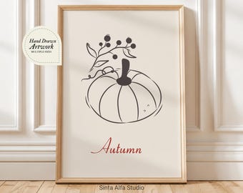 Hand Drawn Pumpkin Wall Art, Autumn Digital Print, Fall Greeting Card, Minimalist Line Art Poster, Cozy Season Decor, Simple Clean Printable