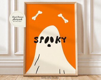 Cute Ghost Halloween Wall Art, Spooky Season Digital Print, Orange Nursery Decor, Hand Drawn Minimalist Halloween Poster JPG