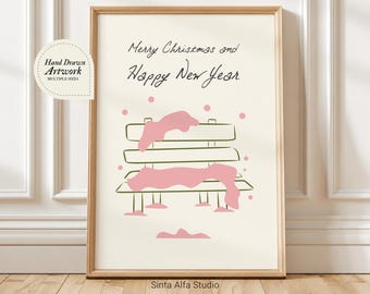 Merry Christmas Wall Art Digital Print, Cute Snowy Bench Printable Poster, Pink Holiday Greeting Card JPG, Hand Drawn Winter Home Decor