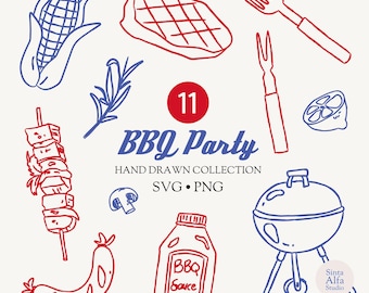 Hand Drawn BBQ Bundle, Grill Clipart, Summer Cookout, Party Decor Graphic, SVG PNG Digital Download