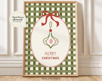 Whimsical Merry Christmas Ornament Wall Art Digital Print, Gingham Printable Poster, Coquette Greeting Card JPG, Hand Drawn Holiday Decor