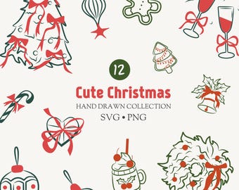 Whimsical Christmas Illustrations, Winter SVG PNG, Hand Drawn Red Green Holiday Clipart for Christmas Bachelorette Party & Festive Invites