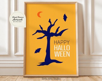 Spooky Halloween Wall Art Digital Download, Silhouette Tree Printable Poster, Cute Party Greeting Card JPG, Retro Fall Nursery Decor