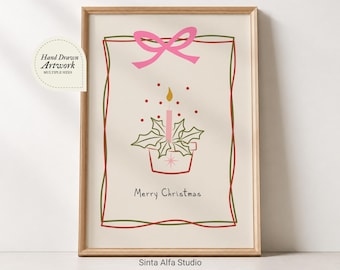 Christmas Candle Poster, Merry Christmas Wall Art, Modern Holiday Wall Art, Minimalist Festive Decor, Red and Green Christmas Print