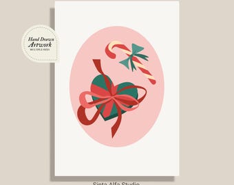 Cute Christmas Wall Art, Pink Holiday Greeting Card Digital Download, Hand Drawn Candy Cane Print, Retro Xmas Decor, Heart Christmas Gift