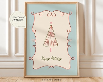 Minimalist Christmas Tree Wall Art, Cozy Happy Holidays Greeting Card, Xmas Post Cards, Cute Festive Decor, Retro Vintage Winter Print