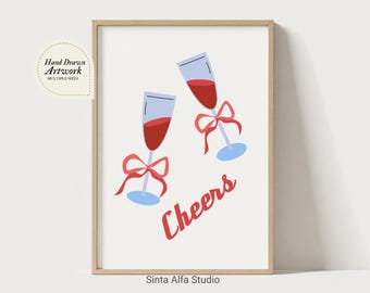 Cheers Wine Print, Bar Cart Wall Art, Coquette Kitchen Decor, Retro Cocktail Poster, Printable Dining Room Illustration, Digital Download