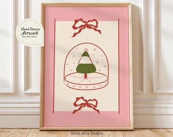 Pink Christmas Wall Art PNG, Coquette Snow Globe Printable, Hand Drawn Holiday Greeting Card, Minimalist Tree Artwork Decor, Bow Art Print